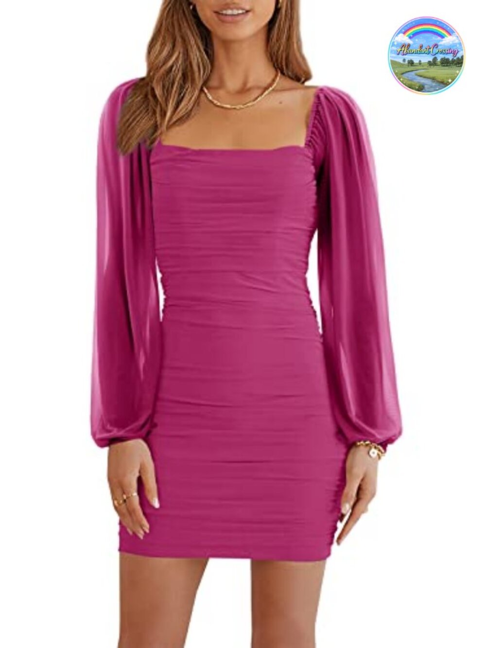 Wenrine Women Mesh Long Sleeve Square Neck Ruched Bodycon Mini Dress